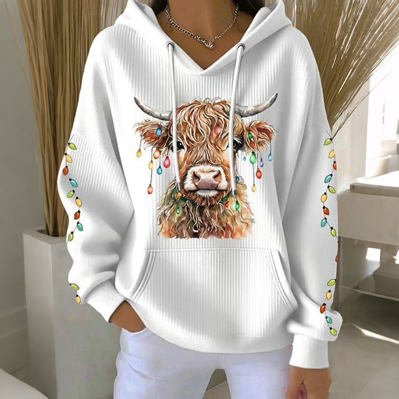 Women's Christmas Highland Cow Print Casual Hoodie artswardrobe