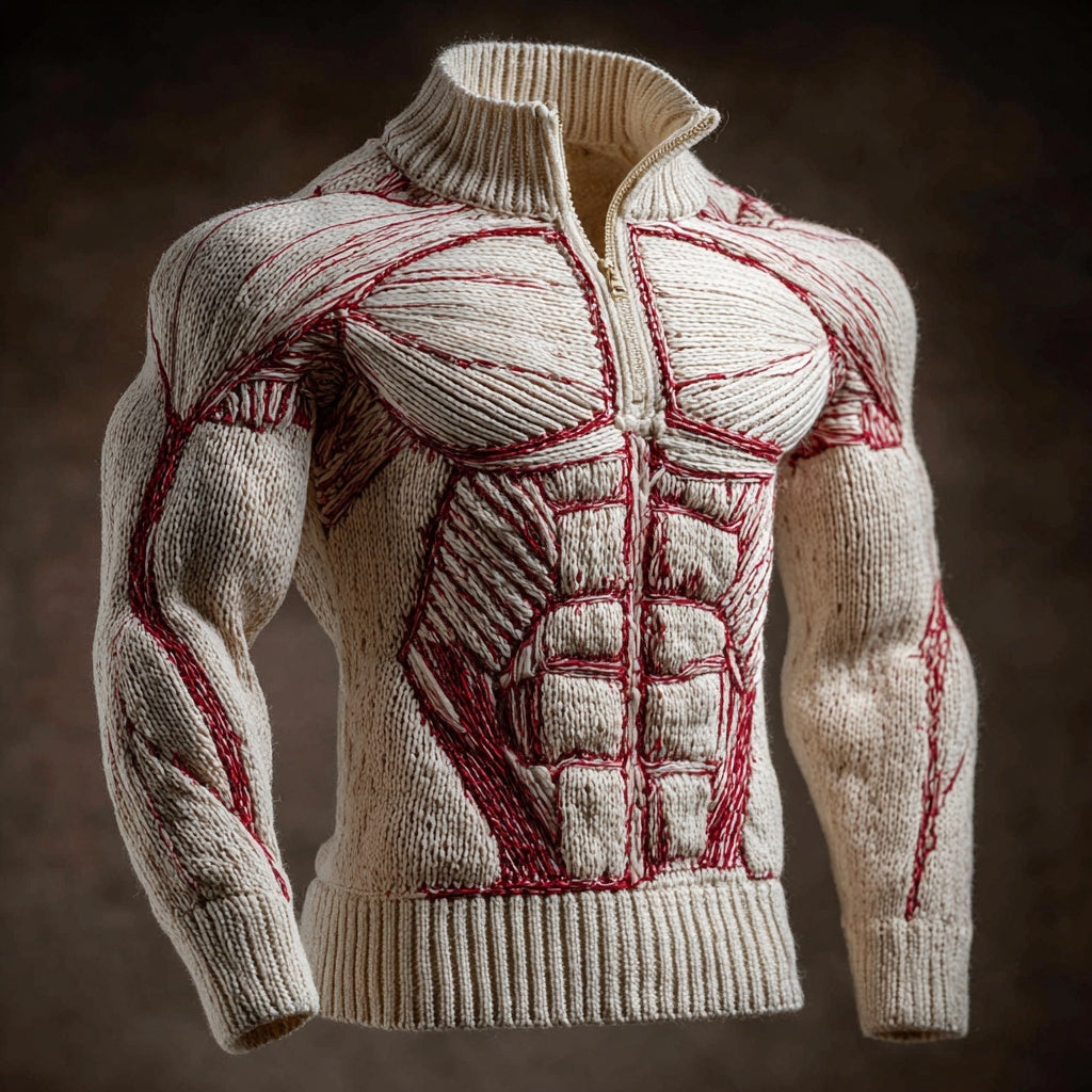 Men's Vintage Muscle Anatomy Art Cozy Knit Polo Sweater artswardrobe