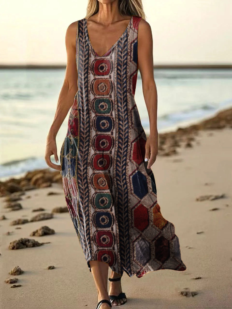 Women's Vintage Ethnic Collage Art Print V Neck Sleeveless Pocket Cott