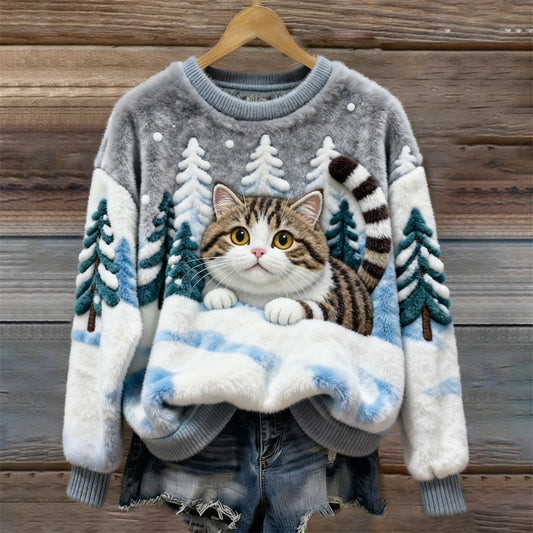 Comstylish Christmas Cat & Tree Women’s Flannel Sweater