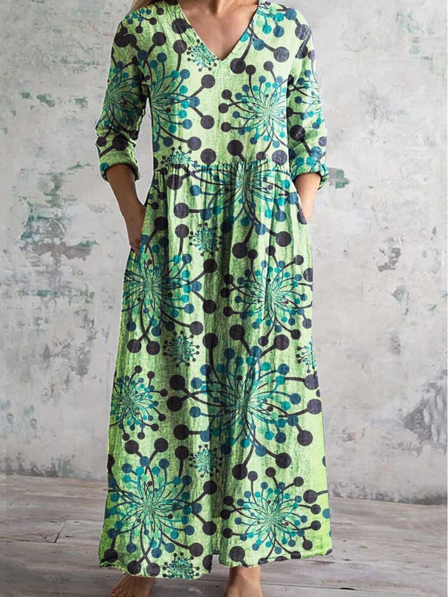 Women's Round Neck Seaweed Print Pattern Dress With Pockets