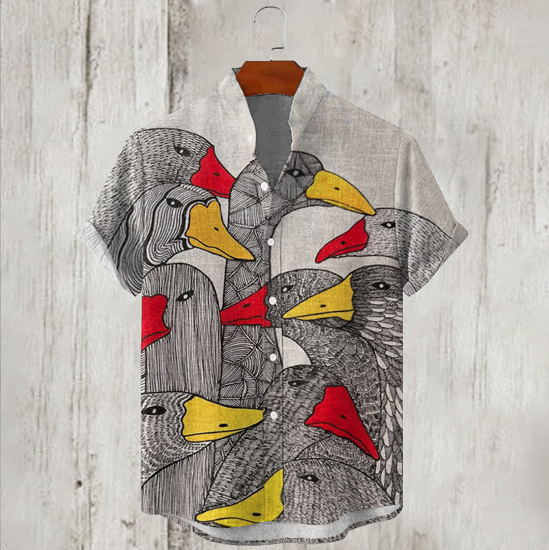 Abstract Art Bird Graphics Print Linen Men's Shirt artswardrobe