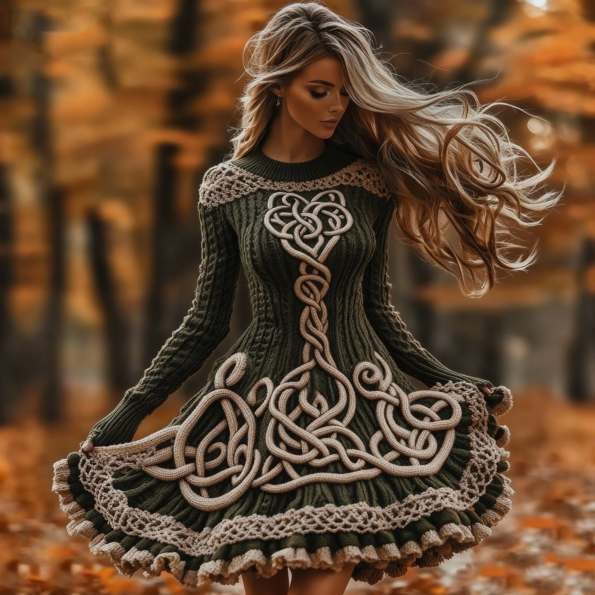 Women's Vintage Viking Celtic Knot Pattern Cozy Knit Mini Sweater Dress artswardrobe