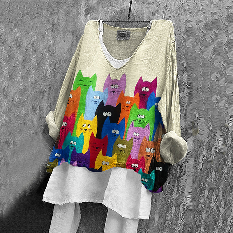 Comstylish Vintage Abstract Color Cat Art Linen Blend Blouse
