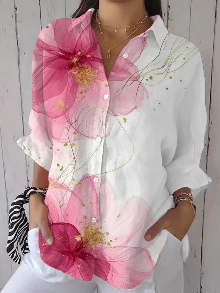 Comstylish Women's Casual Retro Pink Art Floral Blouse