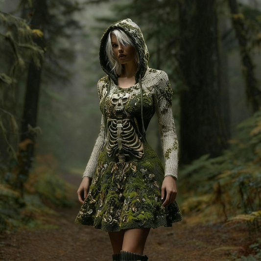 Halloween Dark Forest Ladies' Knit Hooded Cardigan Dress artswardrobe