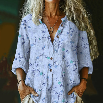 Comstylish Women's Vintage Floral Art Print Casual Cotton And Linen Shirt