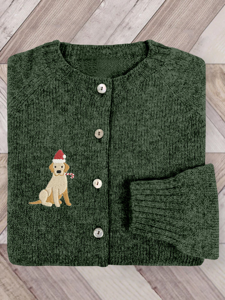 Comstylish Cute Christmas Dog Embroidered Cozy Knit Cardigan