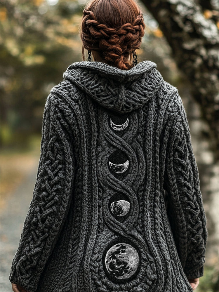 Moon Phase Embroidered Mystical Celtic Chunky Hooded Cardigan elevenforest