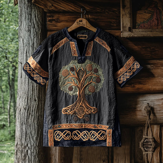 Men's Viking Tree Of Life Tribal Celtic Patchwork Art Linen Shirt artswardrobe