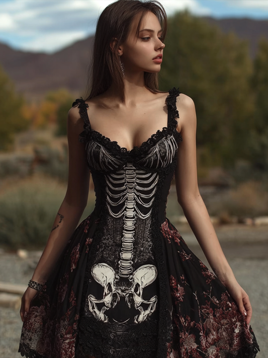 Comstylish Halloween Skeleton Skeleton Pattern Women's Cotton And Linen Sleeveless Dress
