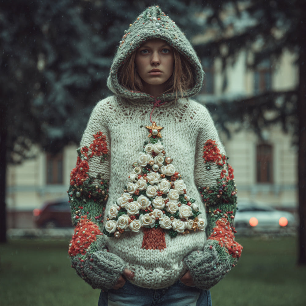 Women Vintage Christmas Stars Christmas Tree Vintage Color Warm Hooded Sweater artswardrobe