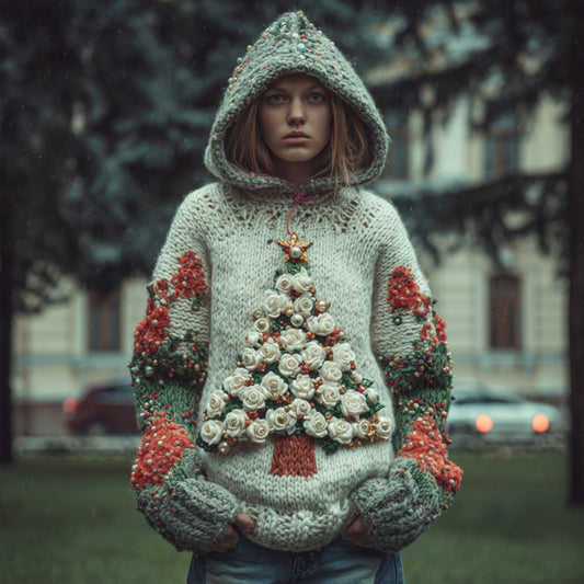 Women Vintage Christmas Stars Christmas Tree Vintage Color Warm Hooded Sweater artswardrobe