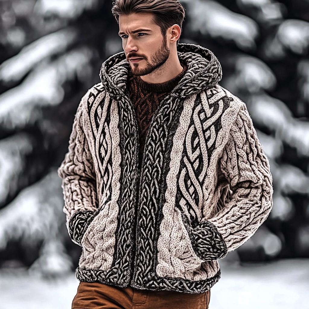 Men's Viking Celtic Inspired Cozy Chunky Hooded Cardigan elevenforest