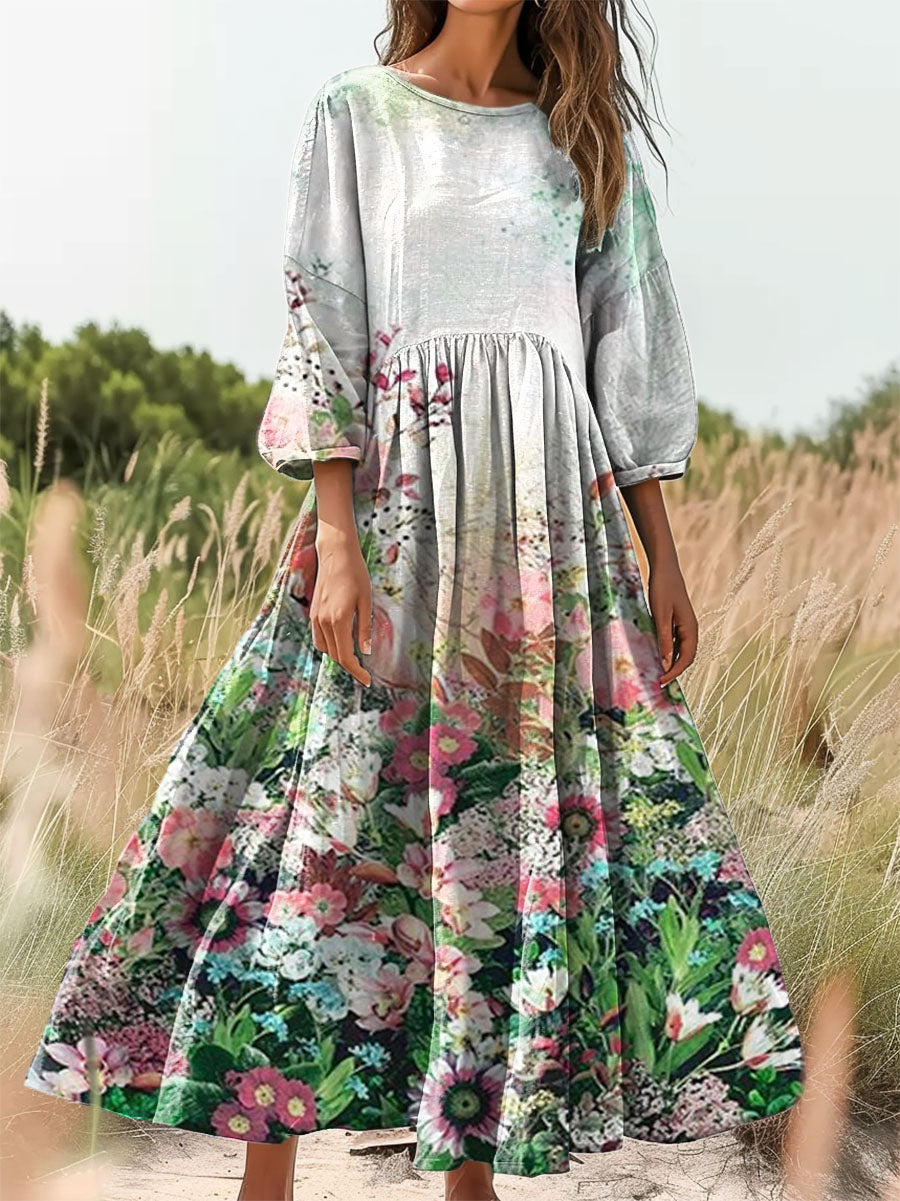 Women's Vintage Floral Print Flowy Crew Neck Pocket Cotton Dress