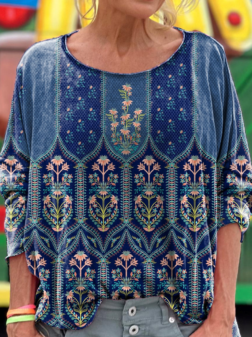Vintage Ethnic Floral Embellished Pattern Art Print Casual Long Sleeve