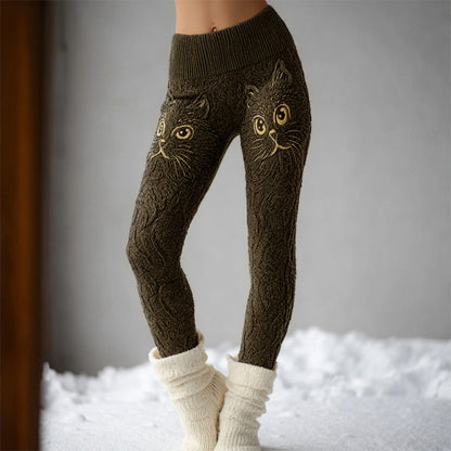 Comstylish Cute Cat Face Embroidered Comfy Knit Leggings