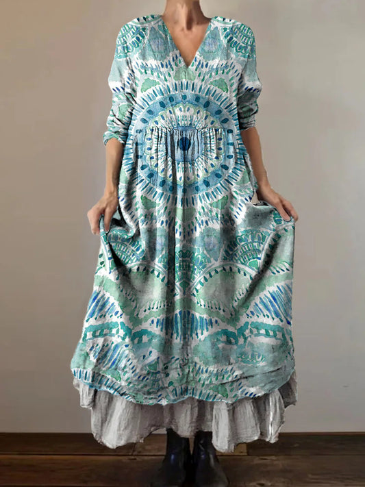 Women's Tie-Dye Mandala Art Print V-Neck Pocket Cotton Dress