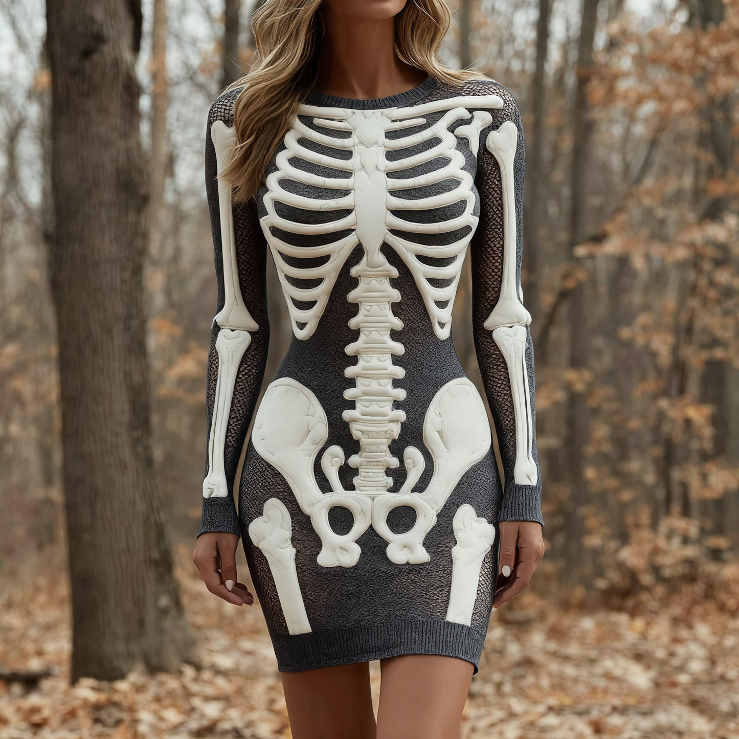 Women's Vintage Halloween Skeleton Bones Comfortable Elegant Sweater Dress artswardrobe
