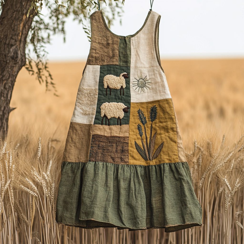 Vintage Sheep Flowers Patchwork Print Linen Tank Top artswardrobe