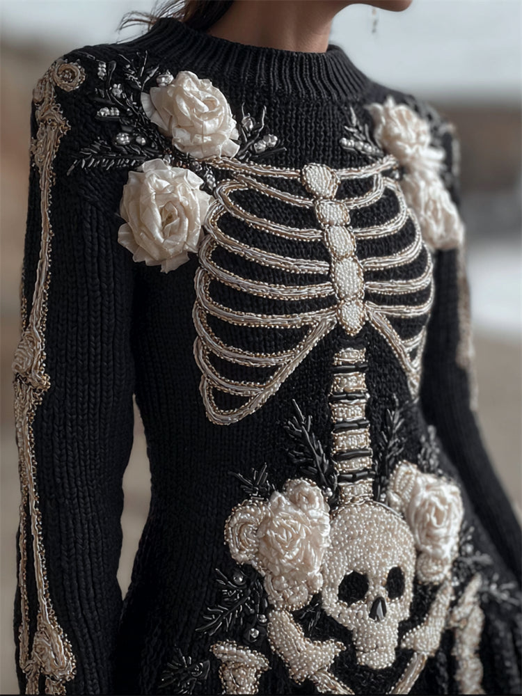 White Roses Skeleton Anatomy Beaded Cozy Knit Sweater Mini Dress artswardrobe