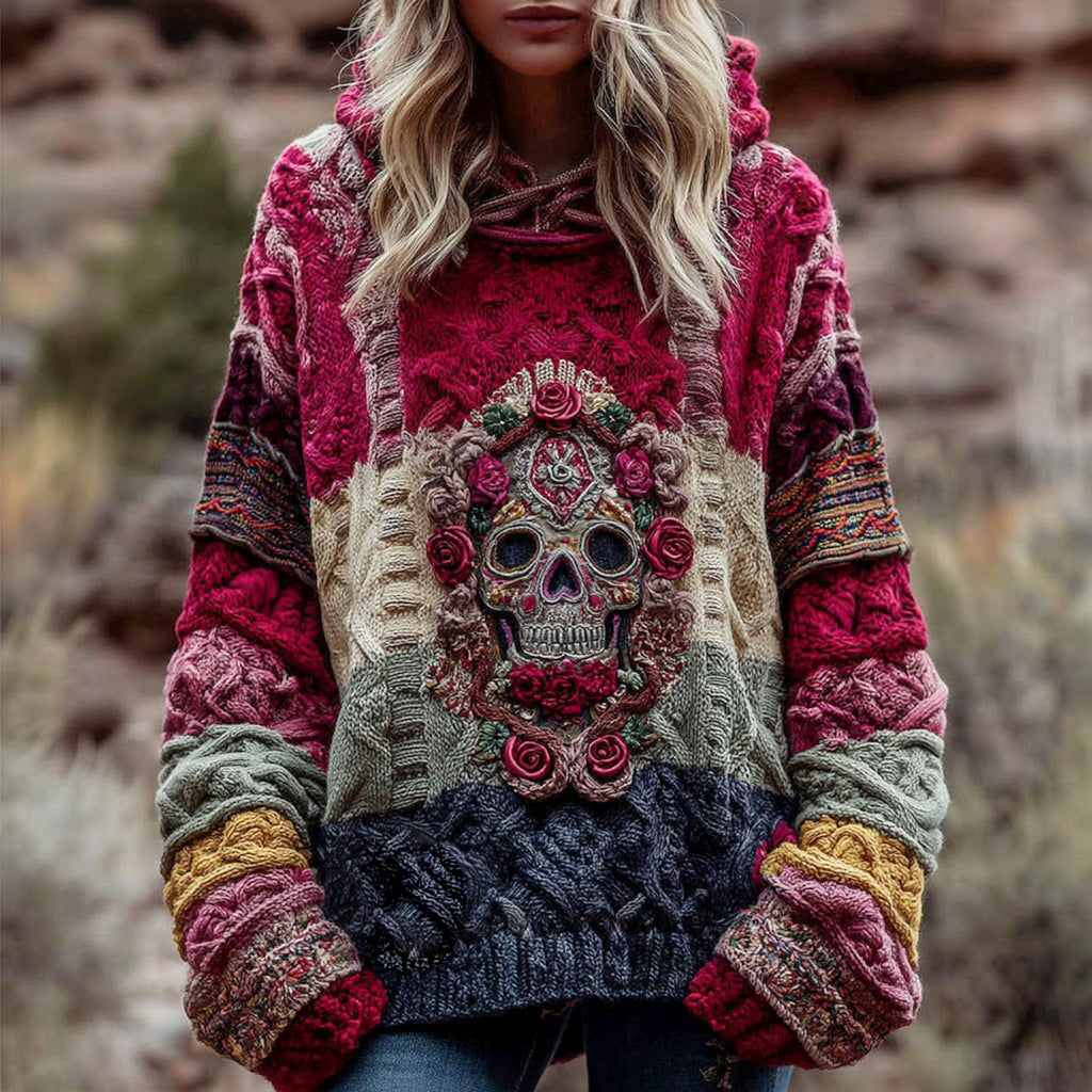 Vintage Boho Floral And Skull Inspired Colorblock Design Cozy Knit Hooded Sweater elevenforest