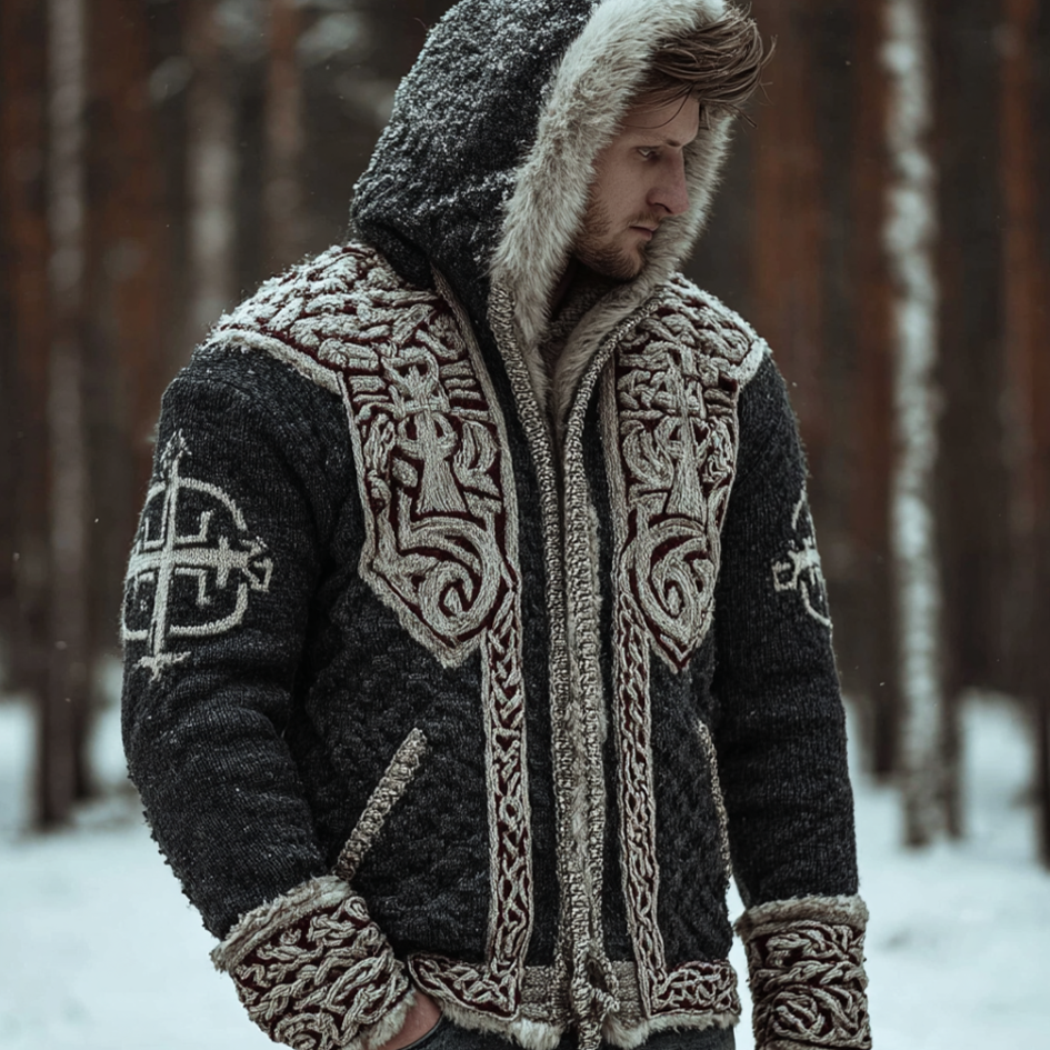 Viking Retro Men's Hooded Knit Sweater Jacket artswardrobe