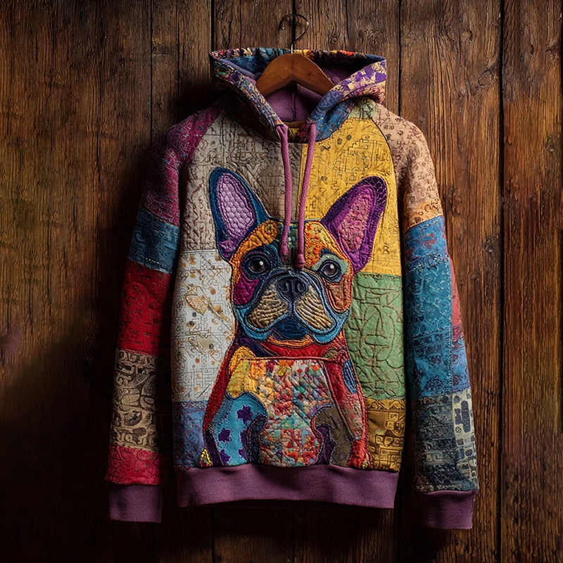 Comstylish Vintage Lovely Cute Pug French Bulldog Patchwork Inspired Washed Hoodie