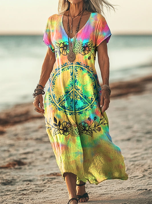 Women's Boho Hippie Peace Art Print Short Sleeve Pocket Cotton Linen D