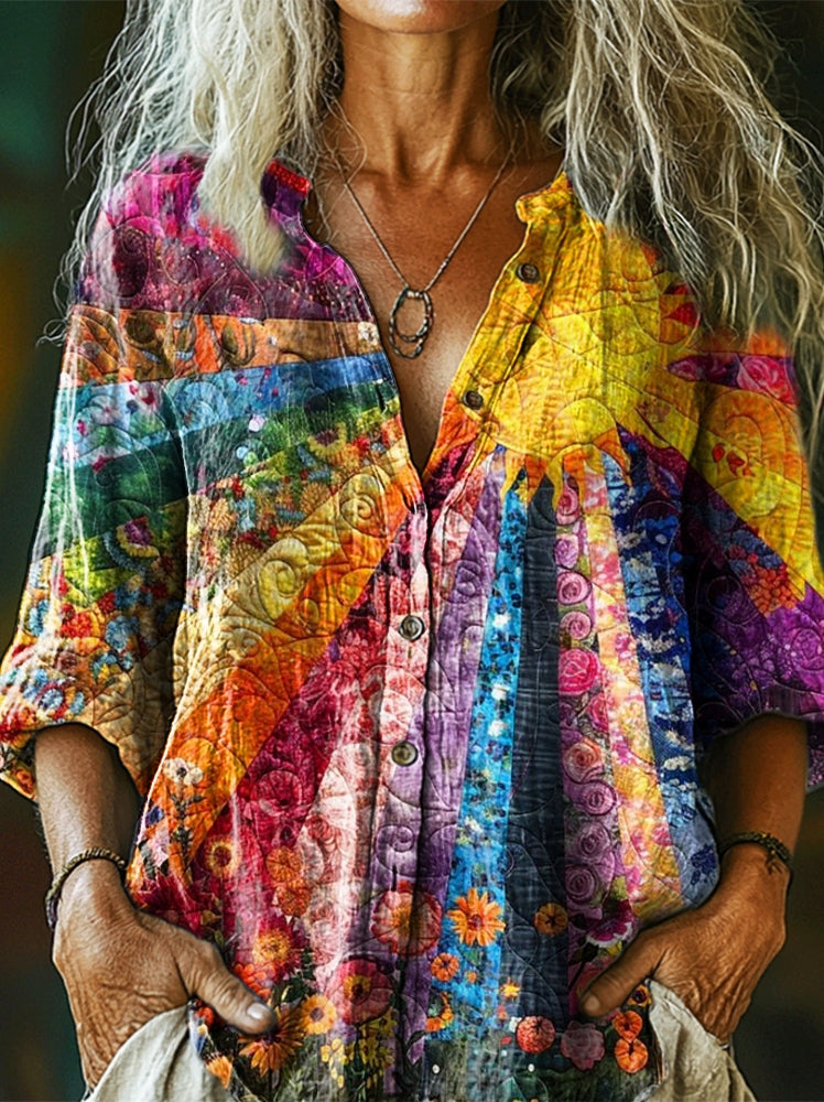 Women's Colorful Sun Floral Collage Art Pattern Print Casual Cotton Li