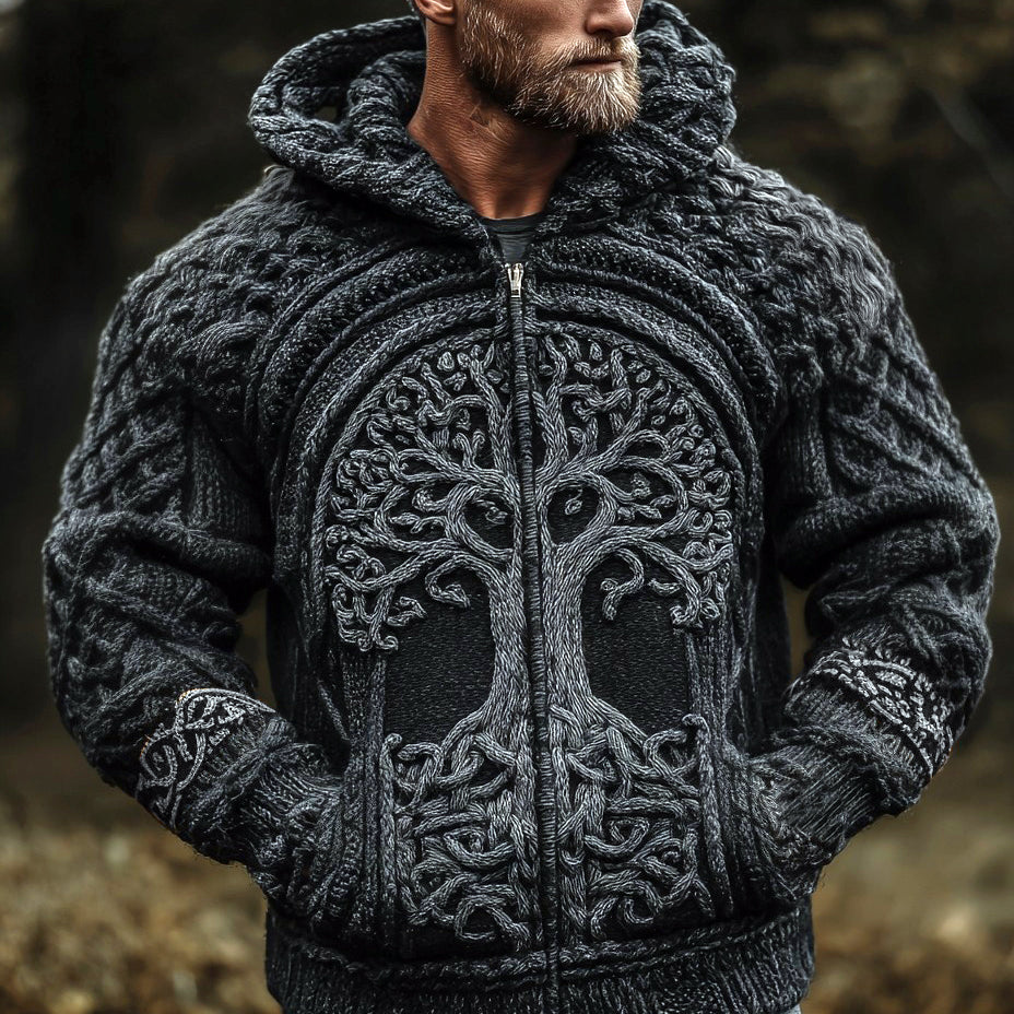 Men's Vintage Viking Tree Of Life Jacquard Knitted Cozy Zipper Up Hooded Cardigan artswardrobe