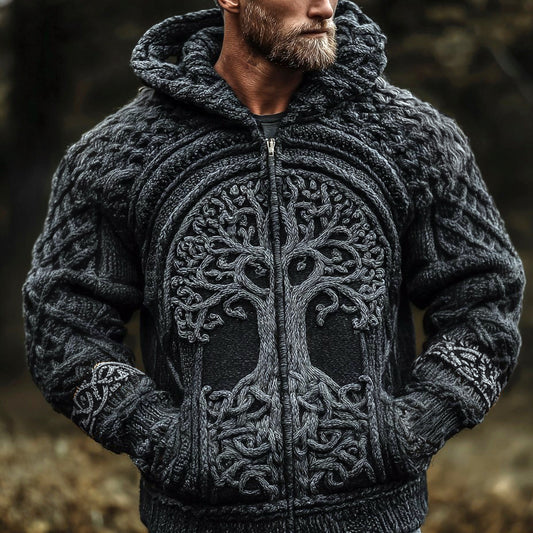 Men's Vintage Viking Tree Of Life Jacquard Knitted Cozy Zipper Up Hooded Cardigan artswardrobe