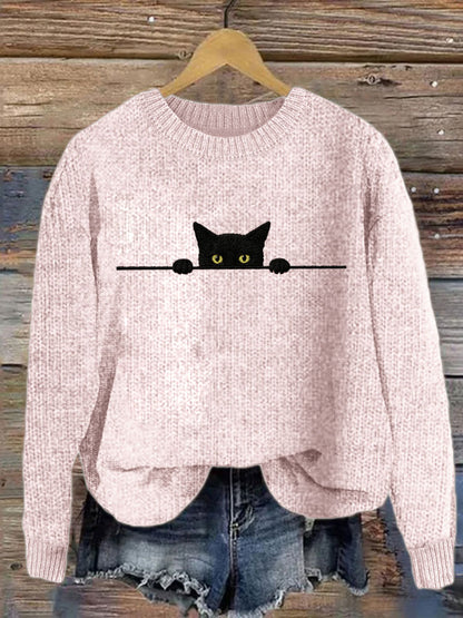 Women's Casual Funny Black Cat Print Sweater artswardrobe
