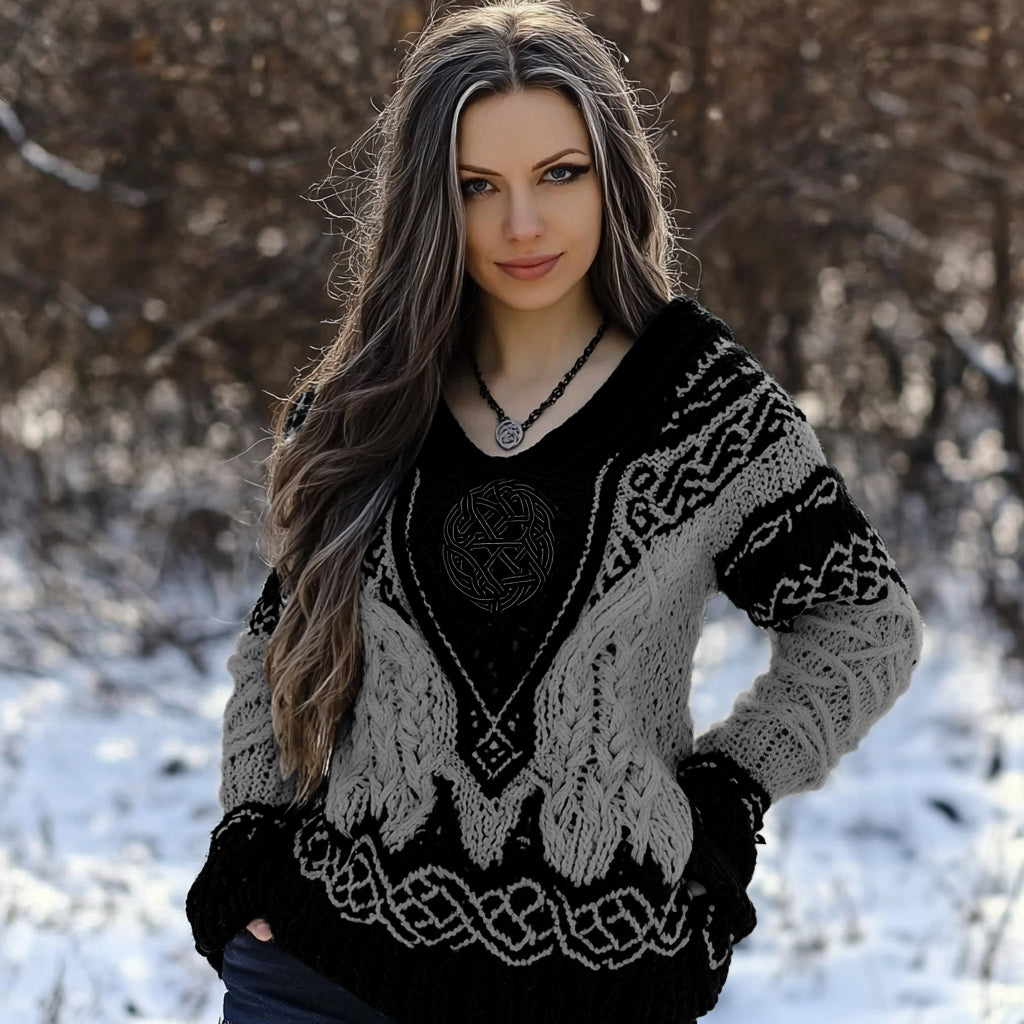 Women's Viking Rune Knit Jacquard V-neck Sweater elevenforest