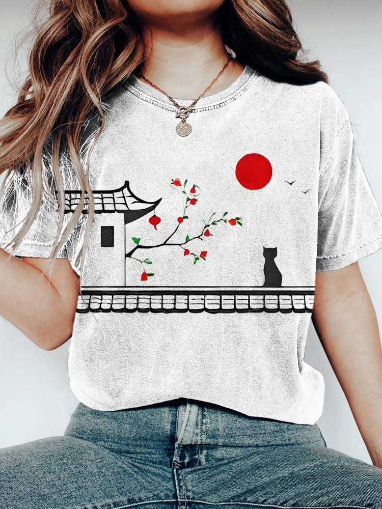 Japanese Cat Floral Print Vintage Women's T-shirt elevenforest