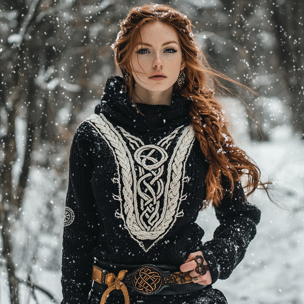 Women's Viking Tribal Jacquard Celtic Inspired Chunky Knit Hooded Sweater elevenforest