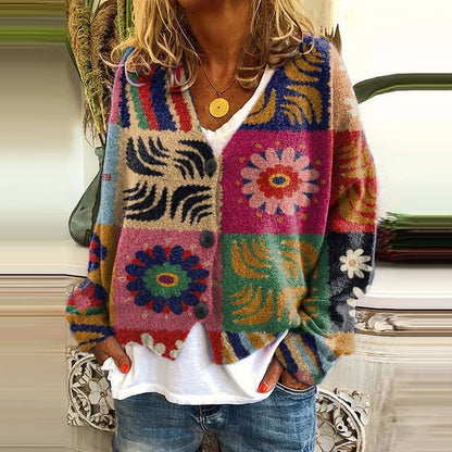 Vintage Printed V-Neck Long Sleeved Knitted Cardigan artswardrobe