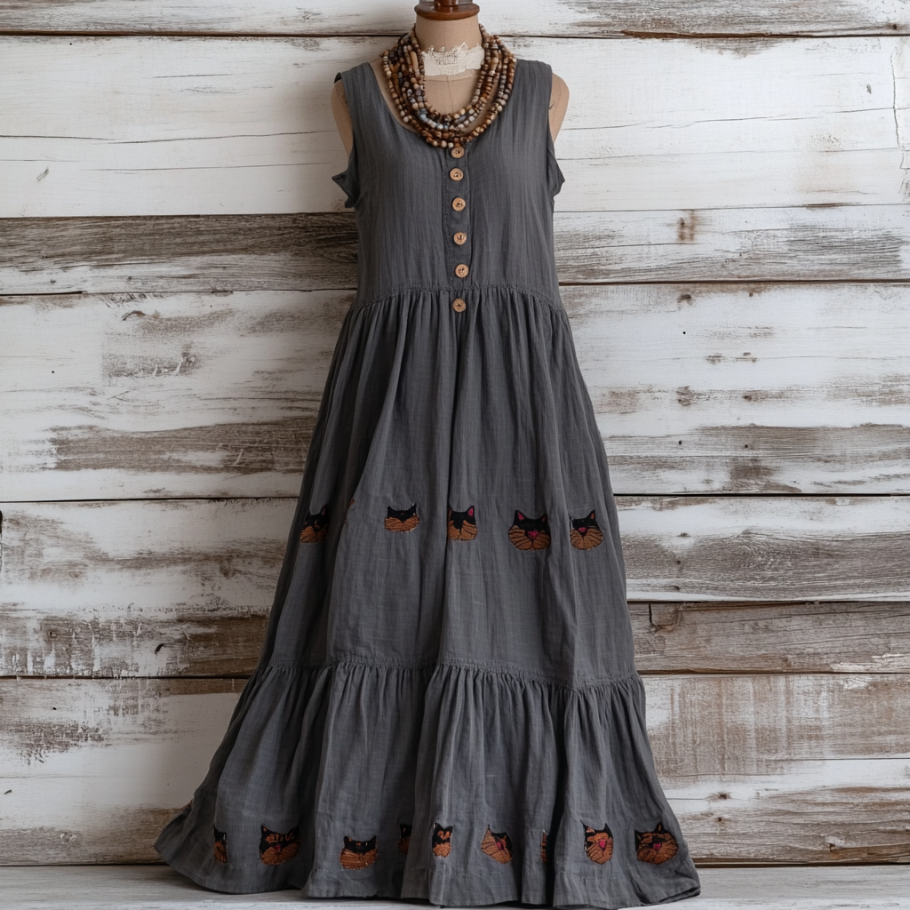 Comstylish Vintage Pop Art Cat Linen Blend Women's Dress