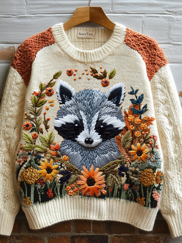Fall Baby Raccoon Floral Embroidered Vintage Cozy Knit Sweater artswardrobe