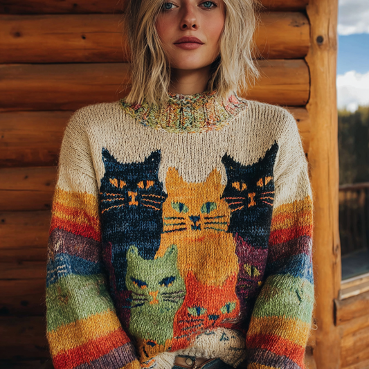 Rainbow Fun Cat Lady Winter Knit Sweater artswardrobe