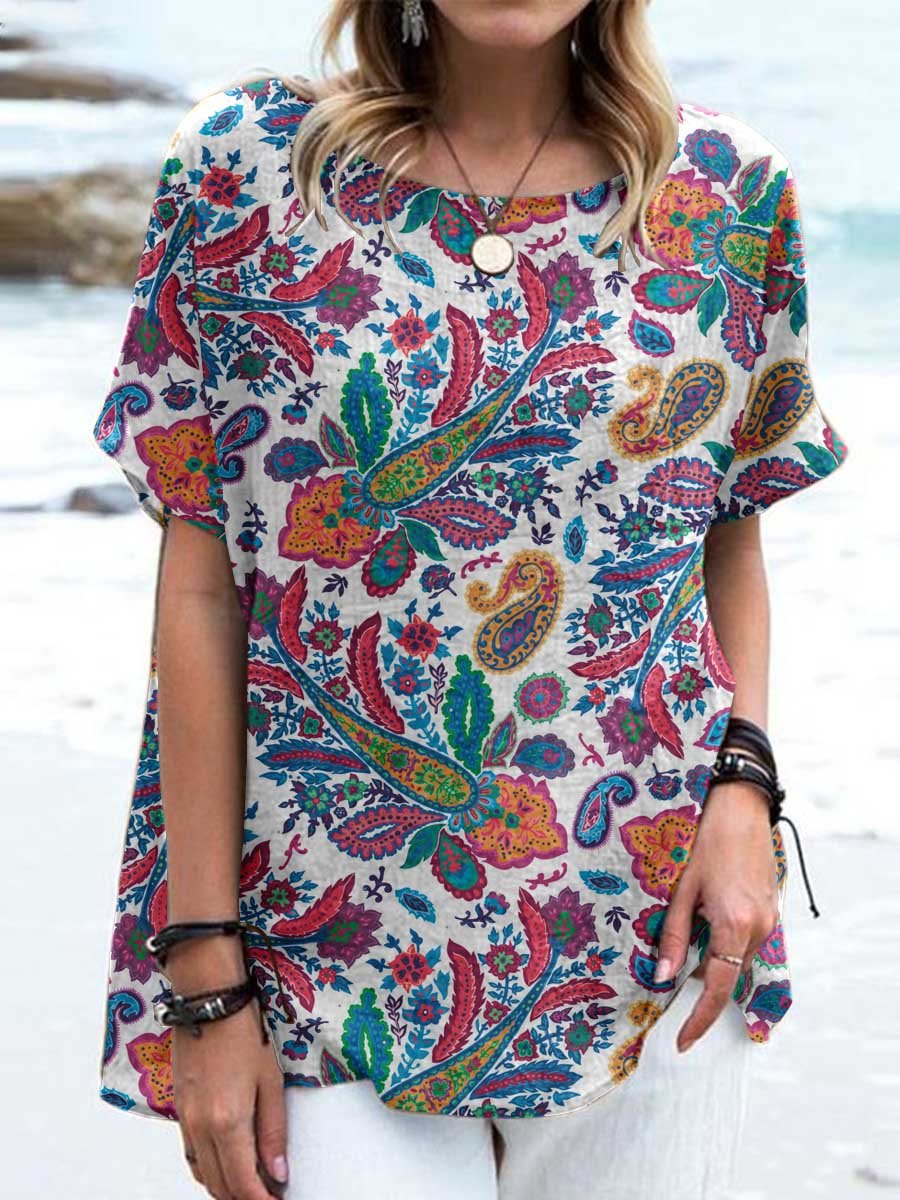 Women's Vintage Perez Pattern Cotton and Linen Crew Neck Top