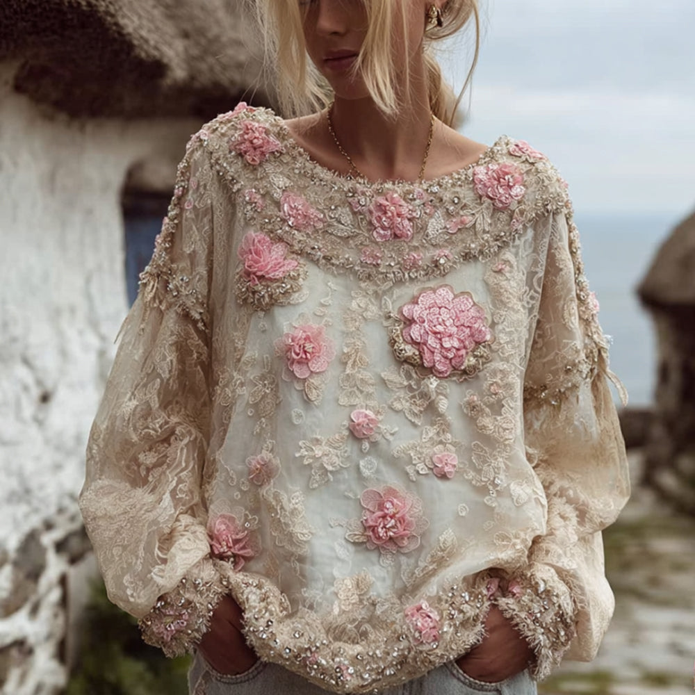 Comstylish Women's Vintage-inspired Design Patchwork Embroidered Round-neck Top