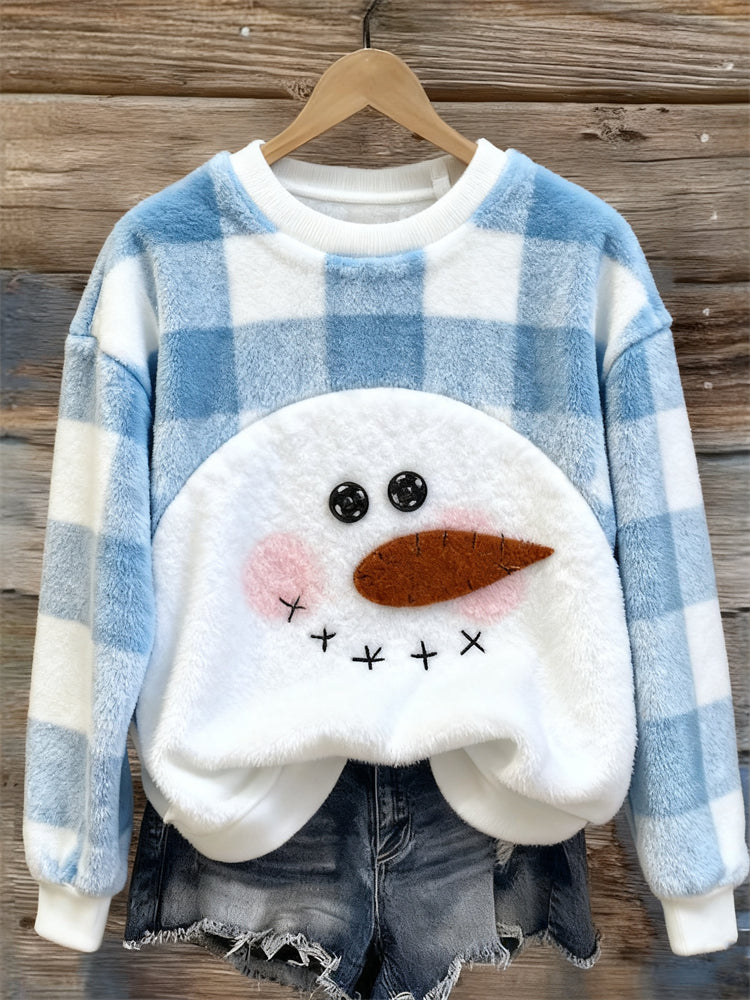 Comstylish Lovely Snowman Contrast Check Pattern Cozy Plush Sweatshirt
