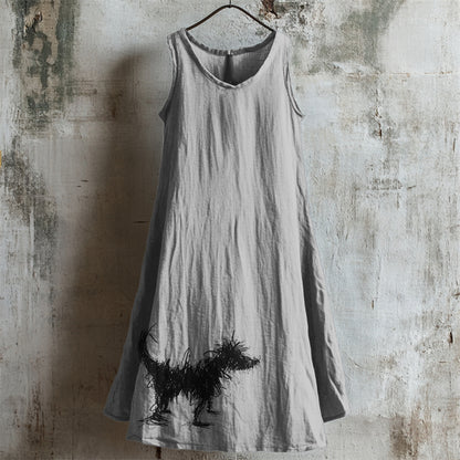 Comstylish Fuzzy Dog Line Painting Linen Tank Dress