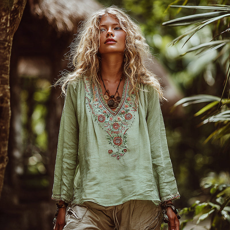Women's Vacation Boho Tribal Ethnic With Floral Patterns Print V-neck Linen Blend Tops elevenforest