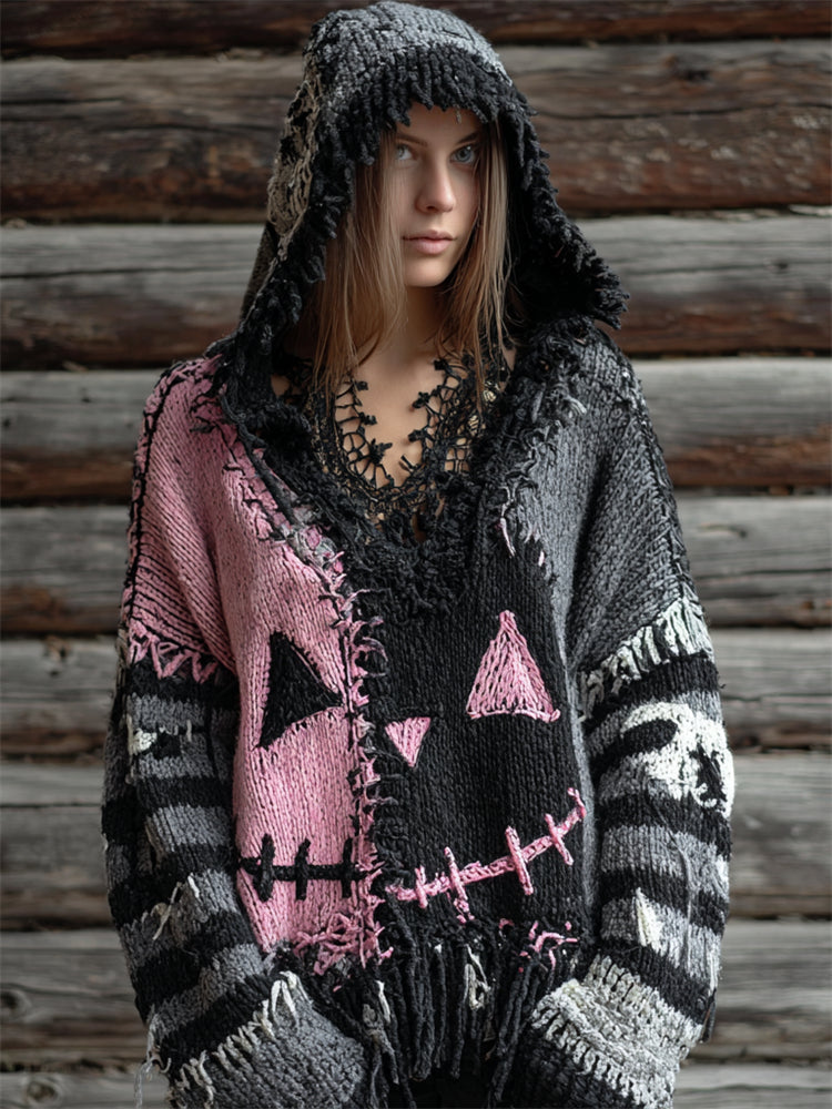 Halloween Pumpkin Face Colorblock Stitched Knit Hooded Sweater artswardrobe