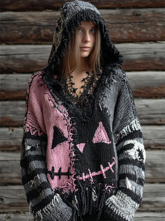Halloween Pumpkin Face Colorblock Stitched Knit Hooded Sweater artswardrobe