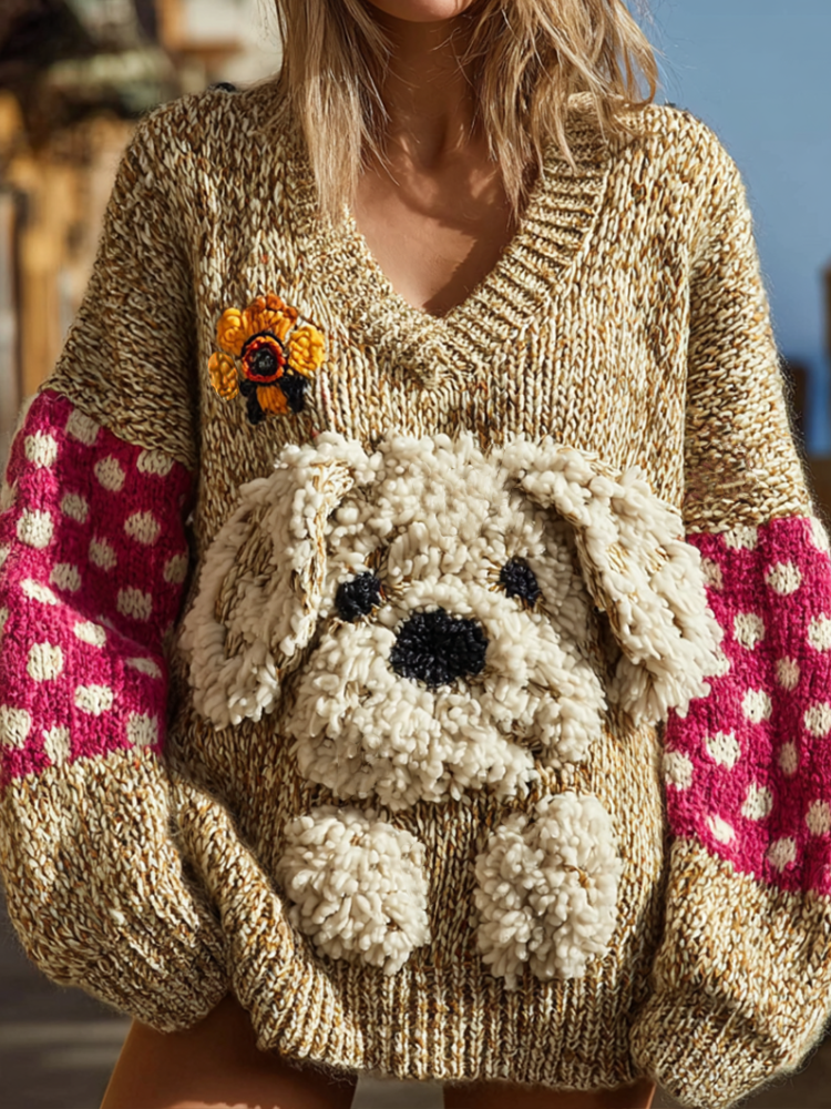 Comstylish Lady Retro Cute Dog Plush Comfortable Knitted Sweater.