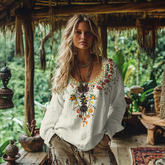 Comstylish Vintage Bohemian Floral Embroidery Linen Blend Shirt