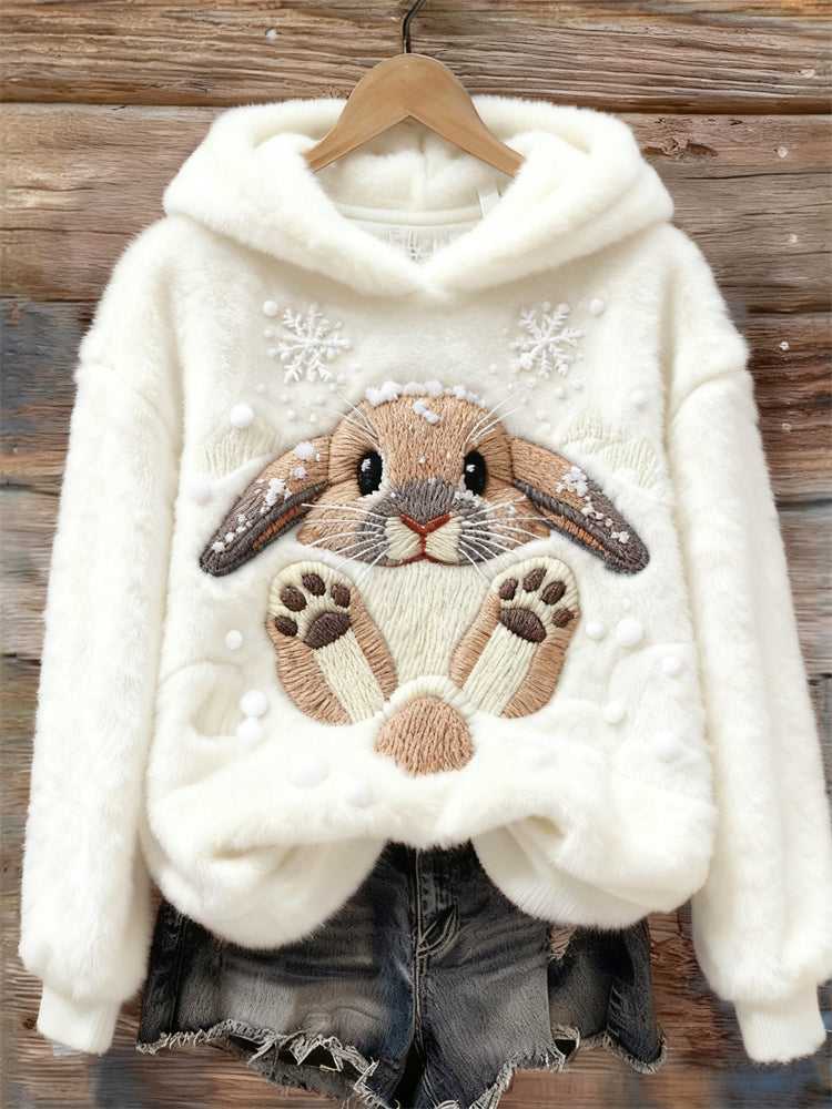 Lovely Bunny & Snow Embroidered Cozy Plush Hoodie artswardrobe